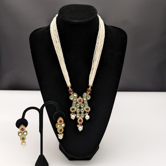 Indian Ethnic Meenakari Jadtar with Rice Pulse Necklace Earrings - Picture 3 of 4